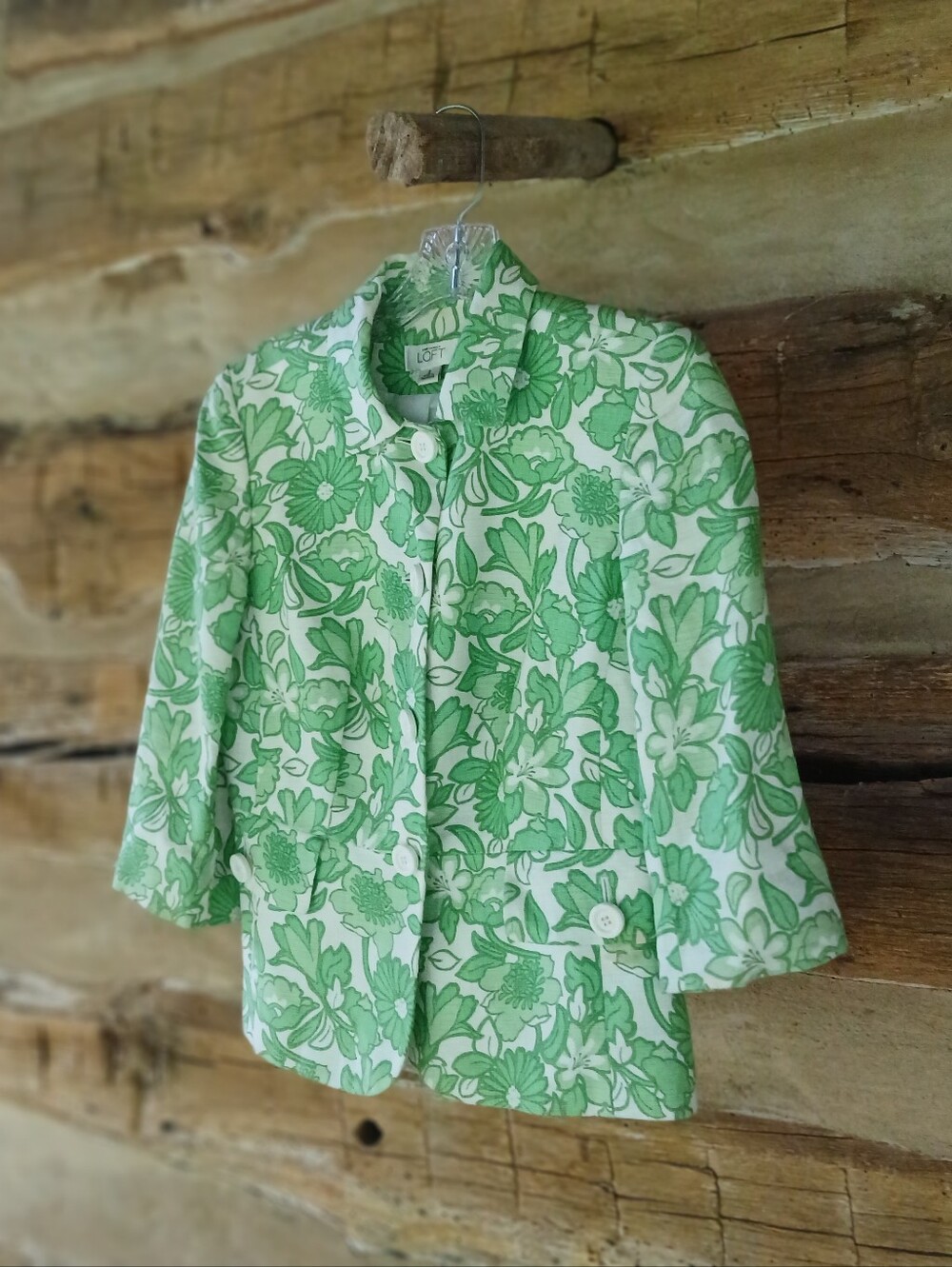 LOFT Green & White Floral Cropped 3/4 Sleeve Linen Blend Blazer Size 0 - Picture 2 of 6